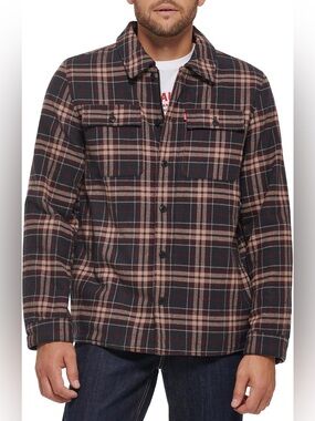 Levi’s Quilted Lined Plaid Shirt Jacket Shacket Black Tan L